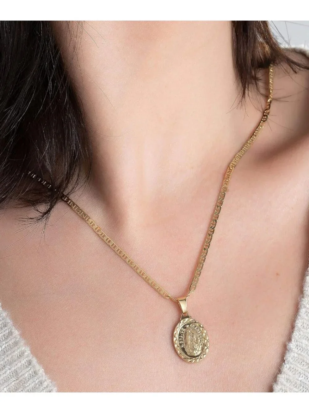 18K Gold Plated Flat Mariner Chain Necklace with Virgin Mary Guadalupe Charm